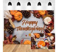 Xiaoterna 2,7x1,8m Automne Joyeux Thanksgiving Toile de Fond Feuilles d'érable d'automne Citrouilles colorées Maïs Récoltes Pomme de pin en Bois Gris Toile de Fond pour Photos de récoltes à la Ferme