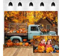 Xiaoterna 2,7x1,8m Automne Récolte Toile de Fond Automne Forêt Feuilles d'érable Citrouilles Thanksgiving Fond de Photographie Nature Vieux Camion Bleu grinçant Ferme Vintage en Bois Décorations