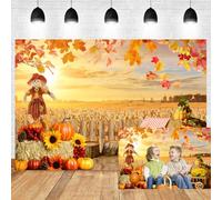 Xiaoterna 2,7x1,8m Fond d'automne pour Thanksgiving Céréales et citrouilles Feuilles d'érable Champ de blé doré Tournesols et meules de Foin Campagne et Ferme Récolte Fond pour la Photographie