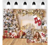 Xiaoterna 2,7x1,8m Fond de Noël Joyeux Cheminée Vintage en Briques Blanches Fond Photographique Sapin de Noël Fleurs colorées Tapis Floral Nouvel an Famille Décoration pour fête d'anniversaire