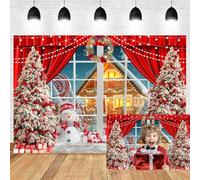Xiaoterna 2,7x1,8m Fond de Noël Joyeux Sapin de Noël Bonhomme de Neige Mignon Fenêtre en Bois Blanc Maison en Bonbons Fond Photographique Paysage Hivernal enneigé Flocon de Neige Décoration pour fête
