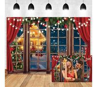 Xiaoterna 2,7x1,8m Fond de Noël Joyeux Scène hivernale enneigée Flocon Neige Vue Depuis la fenêtre Fond Photographique Sapin de Noël Maison en Bois Vue Nocturne Décoration pour la fête du Nouvel an