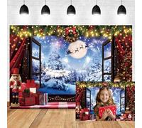 Xiaoterna 2,7x1,8m Fond de Noël Joyeux Scène hivernale enneigée Vue Depuis la fenêtre Fond Photographique Sapin de Noël Bonhomme de Neige Renne Traîneau Nouvel an Décoration de fête