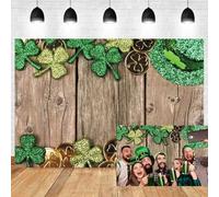 Xiaoterna 2,7x1,8m Fond pour la Saint Patrick Planche en Bois Brun Rustique Chapeau Vert Trèfle Porte Bonheur Pièces d'or Fond Photographique Vert Irlandais Décorations pour fête d'anniversaire