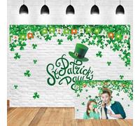 Xiaoterna 2,7x1,8m Joyeuse Saint Patrick Toile de Fond Mur de Briques Blanches Rustique Drapeaux Verts trèfle Chapeau Irlandais Vert Toile de Fond Photographique Décoration pour fête d'anniversaire