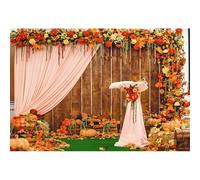 Xiaoterna 2,7x1,8m Récolte d'automne Bois Rustique Toile de Fond Rideaux Roses Citrouilles Feuilles d'érable Fond Photographique Fleurs Ferme d'automne nostalgique Mariage en Plein air Décoration