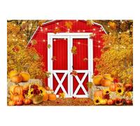 Xiaoterna 4,5x2,5m Fond automnal Fond Photographique Vintage Rouge avec Porte de Grange Citrouilles et Feuilles d'érable Forêt de tournesols Jour de Thanksgiving Décoration pour fête d'anniversaire