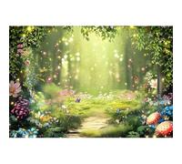 Xiaoterna 4,5x2,5m Forêt enchantée Pays des Merveilles Toile de Fond Vert printanier Forêt enchantée Toile de Fond Photographique Champignons Fleurs colorées Arbres Jardin Décoration pour fête