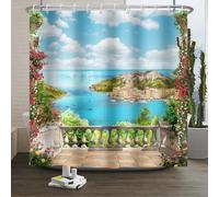 Xiaoterna Européen Rideau de Douche pour Balcon Terrasse en 3D Paysage de Bord de mer Rideau de Salle de Bain Fleurs colorées Bleu océan Décoration de Salle de Bain Nuage Blanc 150x180cm