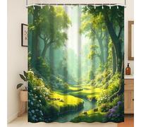 Xiaoterna Rideau de douche avec plantes florales Vert printemps nature forêt rideau de bain Vert arbres hauts fleur fleuve ruisseau nature rideau de douche Décoration salle de bain 240x180cm