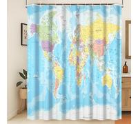 Xiaoterna Rideau de Douche Carte du Monde Rideau de Douche Continents de l'océan Bleu Rideau de Douche Carte du Monde Rideau de Douche géographie Tissu imperméable et Lavable en Machine 180x200cm
