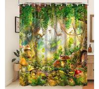 Xiaoterna Rideau de douche motif forêt de conte de fées champignon vert herbe rideau de salle de bain printemps magique forêt enchantée fantastique jungle rideau de douche lavable en machine tissu