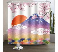 Xiaoterna Rideau de Douche Peinture Japonaise Traditionnelle Rideau de Salle de Bain Fleurs de Cerisier japonaises Aquarelle Printemps Montagne Rideau de Douche Nuage Soleil Bourgogne 150x180cm