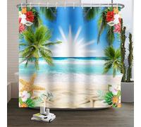 Xiaoterna Rideau de Douche Plage d'été 3D Océan Tropical Rideau de Salle de Bain imperméable Fleuri Bord de mer Palmiers Fleurs Etoiles de mer Montagne Décoration de Salle de Bain 180x240cm