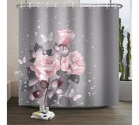 Xiaoterna Rideau de Douche Printemps Rideau de Douche Aquarelle Feuilles et Plantes Florales Paillettes d'or Rideau de Douche Papillon Rose Gris Tissu imperméable et Lavable en Machine 120x180cm