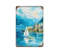xiaoxiaoshen Lac Léman, voyage en Suisse, paysage alpin, décoration murale en métal, affiche moderne, décoration d'intérieur, bar, boutique, panneau vintage, 30 x 20 cm