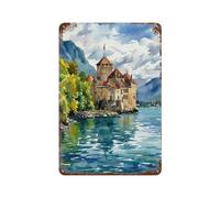 xiaoxiaoshen Montreux Lac Léman Aquarelle Paysage alpin Suisse Affiche en métal Décoration d'intérieur moderne Décoration d'intérieur Bar Boutique Panneau vintage 30 x 20 cm