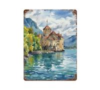 xiaoxiaoshen Montreux Lac Léman Aquarelle Paysage alpin Suisse Affiche en métal Décoration d'intérieur moderne Décoration d'intérieur Bar Boutique Panneau vintage 40 x 30 cm