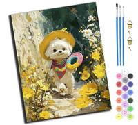 XIAOYOUQIAN Mignon petit chien blanc avec un chapeau jaune,Peinture par numéro pour adulte - Peinture par numéros - Kit de peinture par numéros - kit de bricolage à l'huile pour adultes -Sans cadre