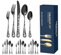 XIAOYU 20PCS ensemble d'argenterie de Noël, ensemble de vaisselle noir service 4pcs, vaisselle en acier inoxydable, flocon de neige unique père Noël Moose Pattern Design, sécurité lave - vaisselle