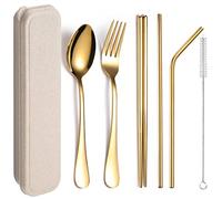 XIAOYU 6 pièces ensemble de couverts réutilisables portables, ensemble de couverts de voyage en acier inoxydable, comprend baguettes/fourchette/cuillère/pailles/brosse de nettoyage, or