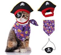 XIAOYU Costume d'Halloween 3 pièces pour chien et chat - Chapeau de pirate - Tête de mort - Triangle - Bandana et bandeau de pirate pour chien et chat - Cosplay d'Halloween - Violet