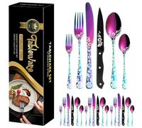 XIAOYU Ensemble d'argenterie 24 pièces avec couteaux à steak, ensemble de couverts en acier inoxydable pour 4 personnes, ensemble de couverts au design unique en forme de fleur de pivoine, Le Rainbow