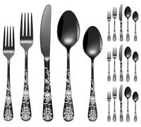 XIAOYU Ensemble d'argenterie de crâne bizarre noir 20 pièces, ensemble de couverts gothiques en acier inoxydable pour 4, motif unique de crâne/corbeau/fleurauve-souris, ensemble couverts d'Halloween