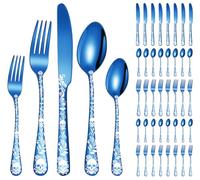 XIAOYU Ensemble d'argenterie Squelette d'Halloween 40 pièces, Service de Couverts de Vaisselle pour 8, Motif de Fleur de crâne Gothique, Ensemble de Couverts en Acier Inoxydable, Bleu