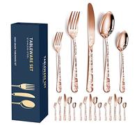 XIAOYU Ensemble de couverts 20 pièces, ensemble de couverts en acier inoxydable pour 4, motif unique, comprend des couteaux/fourchettes/cuillères, va au lave-vaisselle, or rose