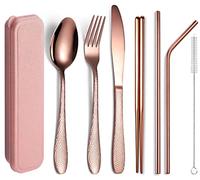 XIAOYU Ensemble de couverts portable 7 pièces, ensemble d'ustensiles de camping de voyage, ensemble d'argenterie martelée réutilisable, y compris fourchette/couteau/cuillère/baguettes/pailles, or rose