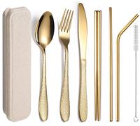 XIAOYU Ensemble de couverts portable 7 pièces, ensemble d'ustensiles de camping de voyage, ensemble d'argenterie martelée réutilisable, y compris fourchette/couteau/cuillère/baguettes/pailles, or