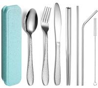 XIAOYU Ensemble de couverts portable 7 pièces, ensemble d'ustensiles de camping de voyage, ensemble d'argenterie martelée réutilisable, y compris fourchette/couteau/cuillère/baguettes/pailles, argent