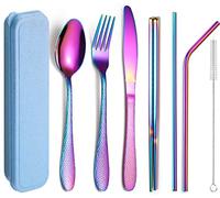 XIAOYU Ensemble de couverts portable 7 pièces, ensemble d'ustensiles de camping de voyage, ensemble d'argenterie martelée réutilisable, y compris fourchette/couteau/cuillère/baguettes/pailles