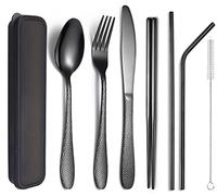 XIAOYU Ensemble de couverts portable 7 pièces, ensemble d'ustensiles de camping de voyage, ensemble d'argenterie martelée réutilisable, y compris fourchette/couteau/cuillère/baguettes/pailles, noir