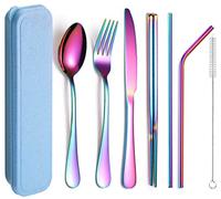 XIAOYU Ensemble d'ustensiles portables 7 pièces, ensemble de couverts de camping de voyage, ensemble de couverts en acier inoxydable, y compris couteau/fourchette/cuillère/baguettes/paille