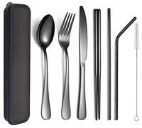XIAOYU Ensemble d'ustensiles portables 7 pièces, ensemble de couverts de camping de voyage, ensemble de couverts en acier inoxydable, y compris couteau/fourchette/cuillère/baguettes/paille, noir