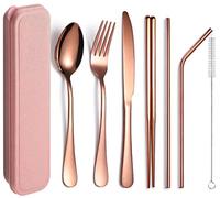 XIAOYU Ensemble d'ustensiles portables 7 pièces, ensemble de couverts de camping de voyage, ensemble de couverts en acier inoxydable, y compris couteau/fourchette/cuillère/baguettes/paille, or rose