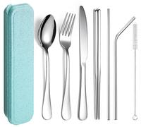XIAOYU Ensemble d'ustensiles portables 7 pièces, ensemble de couverts de camping de voyage, ensemble de couverts en acier inoxydable, y compris couteau/fourchette/cuillère/baguettes/paille, argent