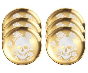 xiaoyu Lot de 6 assiettes à dîner en acier inoxydable motif squelette d'Halloween, assiettes rondes en métal de style gothique, motif unique crâne/floral, vaisselle pour dîner, fêtes et camping