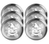 xiaoyu Lot de 6 assiettes à thème Halloween, assiettes rondes en métal gothique de 8,07 pouces, plat à dîner en acier inoxydable pour Halloween, Pâques et Noël, réutilisables, Argent