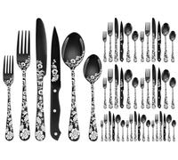 XIAOYU Ménagère de Couverts 48 Pièces avec Couteaux à Steak, Ménagère en Acier Inoxydable pour 8 Personnes, Cuillères Fourchettes Ensemble de Couteaux avec Laser Fleur de Pivoine Unique, Noir