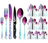 XIAOYU Ménagère de Couverts 48 Pièces avec Couteaux à Steak, Ménagère en Acier Inoxydable pour 8 Personnes, Cuillères Fourchettes Ensemble de Couteaux avec Laser Fleur de Pivoine Unique, Le Rainbow