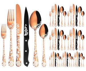 XIAOYU Ménagère de Couverts 48 Pièces avec Couteaux à Steak, Ménagère en Acier Inoxydable pour 8 Personnes, Cuillères Fourchettes Ensemble de Couteaux avec Laser Fleur de Pivoine Unique, Or Rose