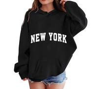 XIAOYUER Sweat à capuche New York pour adolescentes et filles - Avec motif de lettres - Pull surdimensionné - Décontracté - Y2K - Haut élégant - Décontracté - Basique - Long t-shirt, Noir , 9-10 ans