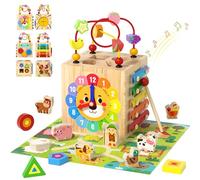 XIAPIA Cube d'Activités Montessori 7-en-1, Jouet d'Éveil en Bois pour Bébé dès 1 an avec Xylophone, Trieur de Formes, Horloge & Labyrinthe de Perles - Cadeau Anniversaire Noël