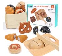 XIAPIA Set de Boulangerie en Bois pour Enfants, Accessoire de Cuisine à Découper avec Planche et Couteau, Aliments Jouets pour Dinette, Jeu de Rôle et Cadeau Garçon Fille