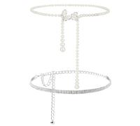 XIAQICA 2 Pièces 110cm Chaînes de Taille Ceinture Femme Strass Brillant + Perle Papillon Chaine de Taille Réglable Ceinture en cristal pour Robes Jeans