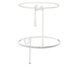 XIAQICA 2 Pièces 110cm Chaînes de Taille Ceinture Femme Strass Brillant + Perle Papillon Chaine de Taille Réglable Ceinture en cristal pour Robes Jeans