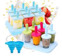 XIAQICA Moules à Glace Réutilisables Moule Glace 15 Cavités avec 2 Entonnoirs Bleus Réutilisable Popsicle Moules Set Avec Batonnet Glace pour DIY Sucettes Glacées Crèmes(Cylindrique, Carré)